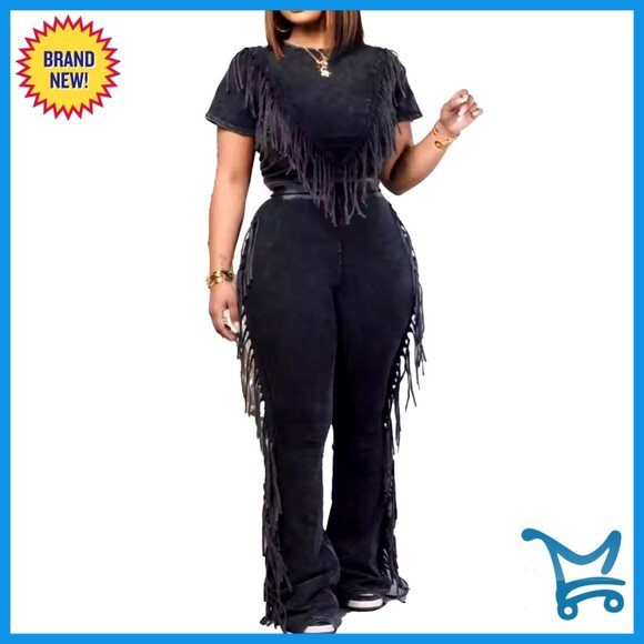 Fringe Crop Top Flare Pants Lounge Set Polyester Tracksuit Workout Casual